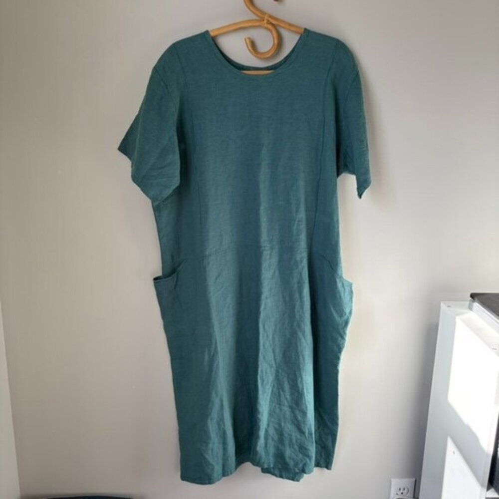 Vintage Flax Jeanne Englehart Linen Lagenlook Cottagecore Teal Maxi Dress Medium